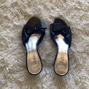 Franco Sarto Black Leather Low Mules Slip On with Bow Y2K